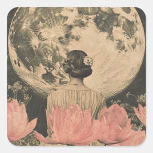 Moonlit Elegance - Back View of Woman with Moon Square Sticker