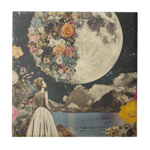 Moonlit Elegance - Woman with Moon (2) Tile
