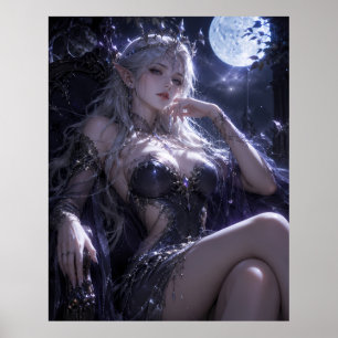 Moonlit Elf Queen Fantasy Portrait Dark Blue Got Poster