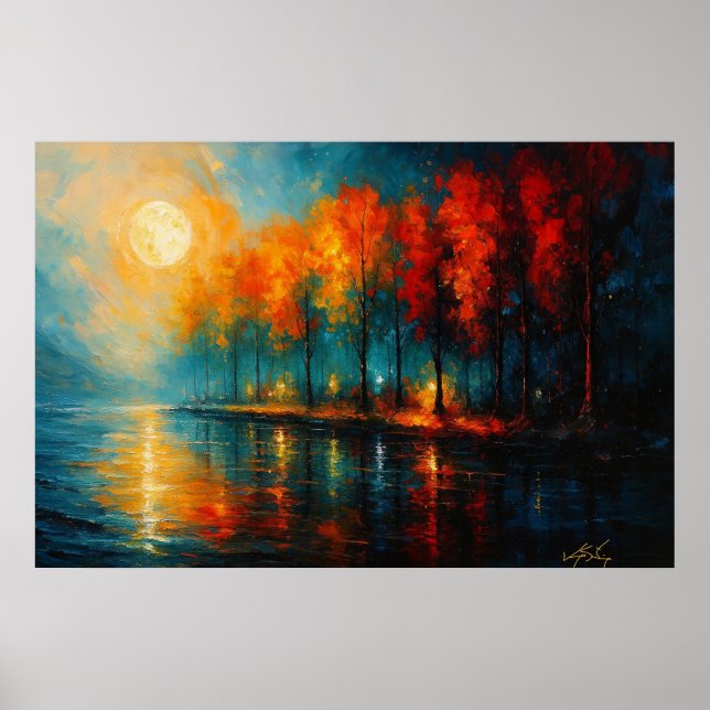 Moonlit Ember Grove Autumn Reflections Poster (Front)