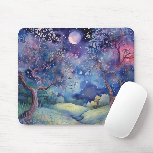 Moonlit Enchanted Forest Nightscape Mouse Pad (With Mouse)