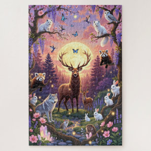 Moonlit Enchanted Forest Puzzle – Stag, Wolves, Bu