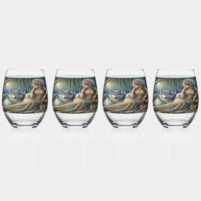 Moonlit Enchantment in the Mystic Forest Stemless Wine Glass (Front)