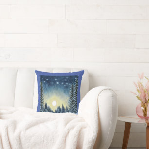 Moonlit Evergreen Snowscape Under The Night Stars Cushion