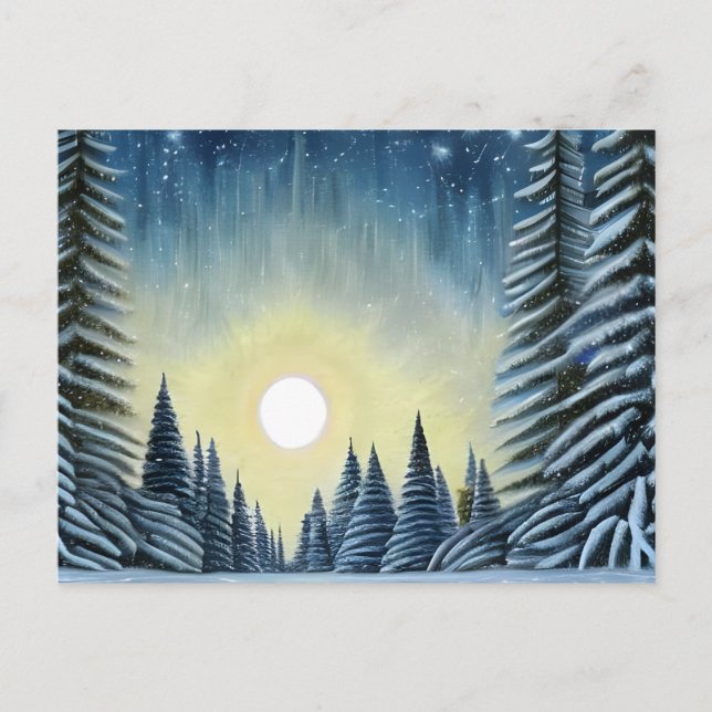 Moonlit Evergreen Snowscape Under The Night Stars Postcard (Front)