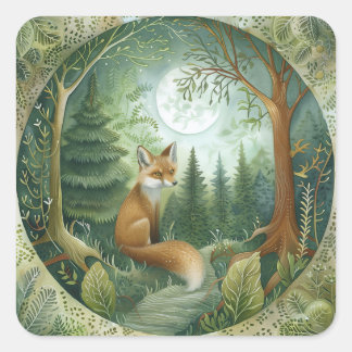 Moonlit Forest Fox Square Sticker