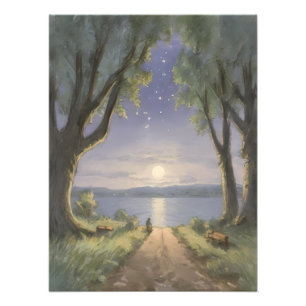 Moonlit Forest Lake Through Tall Trees Photo Print
