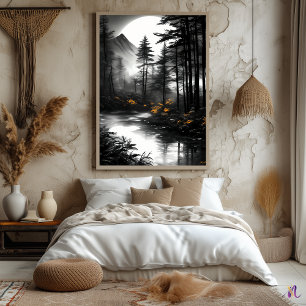 Moonlit Forest Reflection – Monochrome Serenity Poster