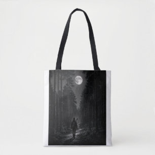 Moonlit Forest Wanderer Black and White Tote Bag