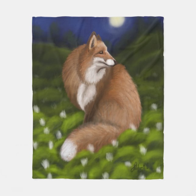 Moonlit Fox in Midnight Woods Fleece Blanket (Front)