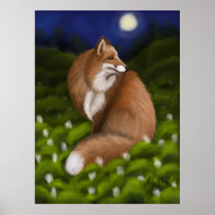 Moonlit Fox in Midnight Woods Poster