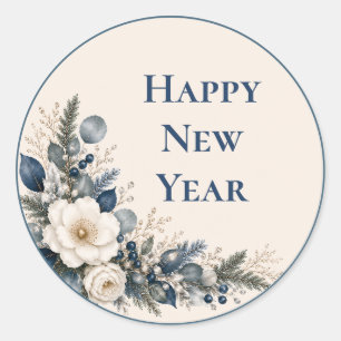 Moonlit Garden Elegant Botanical Happy New Year Classic Round Sticker