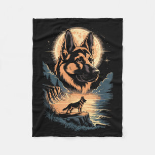 Moonlit German Shepherd Dog Night Lake Scene Fleece Blanket