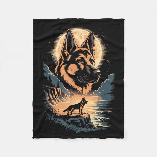 Moonlit German Shepherd Dog Night Lake Scene Fleece Blanket (Front)
