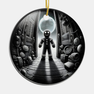 Moonlit Gingerbread Visitor in Doorway Fisheye Ceramic Tree Decoration