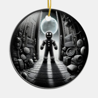 Moonlit Gingerbread Visitor in Doorway | Fisheye Ceramic Tree Decoration