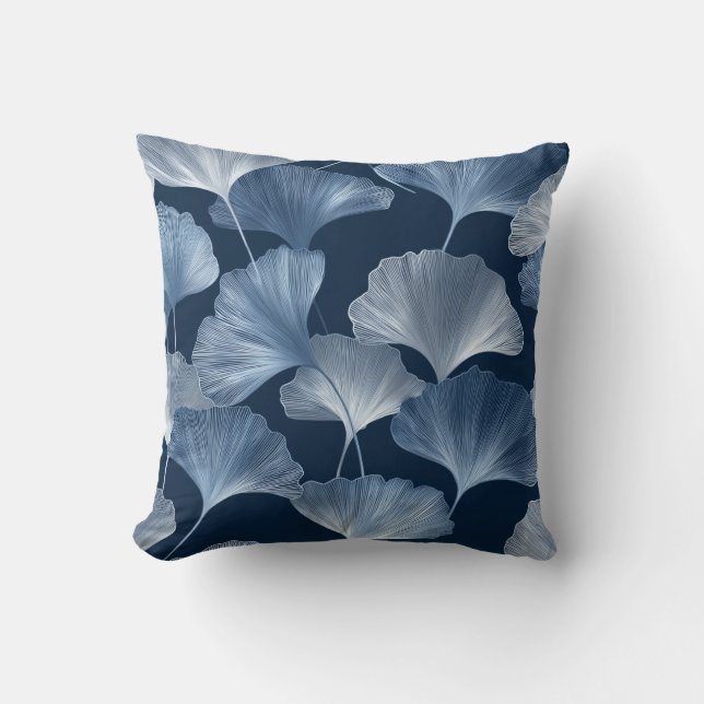 Moonlit Ginkgo – Soft Blue Botanical Calm Cushion (Front)