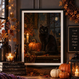 Moonlit Gothic Black Cat Autumn Fine Art Poster