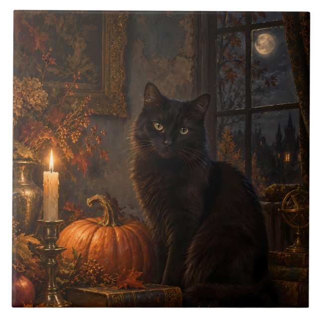 Moonlit Gothic Black Cat Autumn Tile (Front)