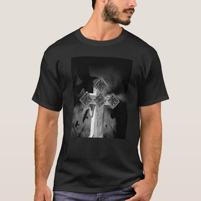 Moonlit Gothic Cross With Crows T-Shirt (Front)