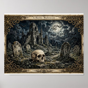 Moonlit Gothic Halloween Cemetery Skull Art Print