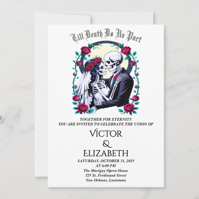 Moonlit Gothic Till Death Skeleton Rose Wedding Invitation (Front)