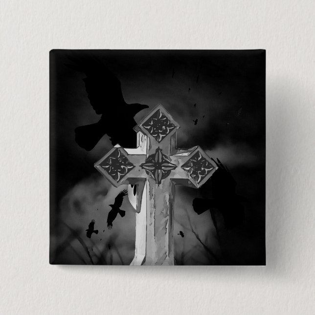 Moonlit GraveYard Gothic Cross With Crows 15 Cm Square Badge (Front)