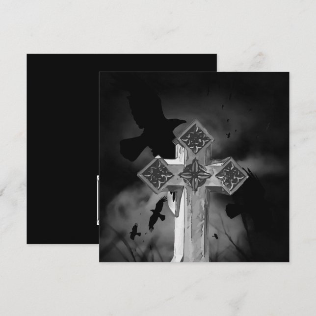 Moonlit GraveYard Gothic Cross With Crows Invitation (Front/Back)