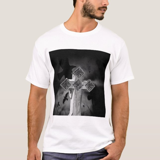 Moonlit GraveYard Gothic Cross With Crows T-Shirt (Front)