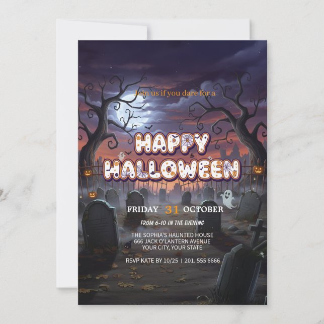 Moonlit Graveyard Halloween Invitation Card (Front)