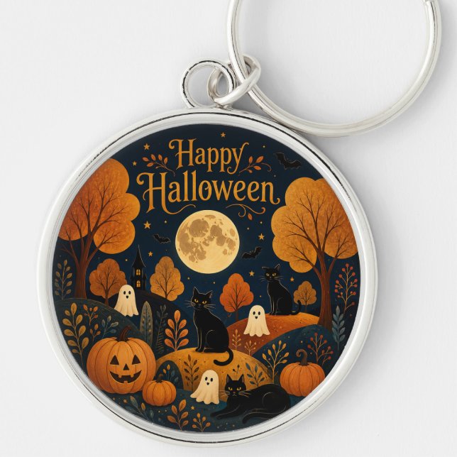 Moonlit Halloween Whiskers and Ghosts Key Ring (Front)