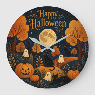 Moonlit Halloween Whiskers and Ghosts Large Clock