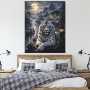Moonlit Harbour Guardian White Tiger Fantasy Art Canvas Print