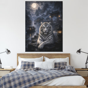 Moonlit Harbour Guardian White Tiger Fantasy Art Canvas Print