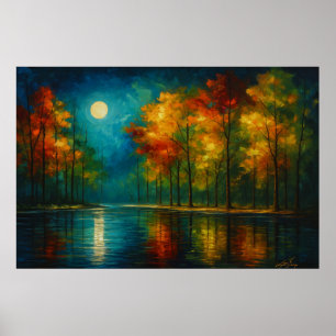 Moonlit Harmony - Colorful Trees Tranquil Waters Poster