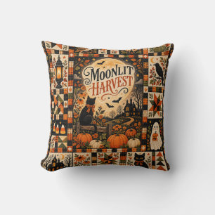 Moonlit Harvest Vintage Halloween Patchwork Cushion