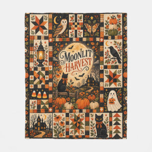 Moonlit Harvest Vintage Halloween Patchwork Fleece Blanket