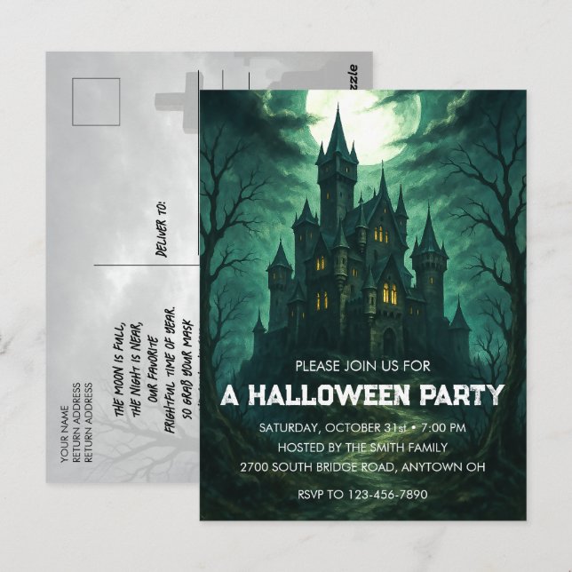 Moonlit Haunted Castle Halloween Party Invitation Postcard (Front/Back)