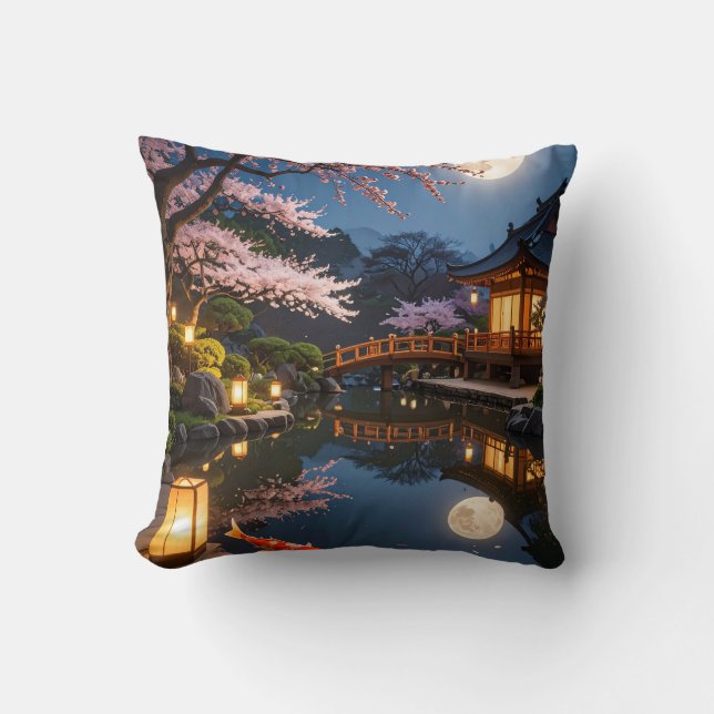 Moonlit Japanese Garden Throw Pillow (Front)