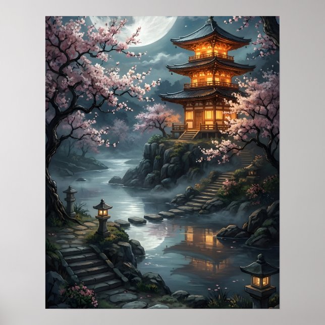 Moonlit Japanese Sakura Poster (Front)