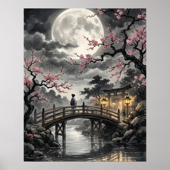 Moonlit Japanese Sakura Poster (Front)
