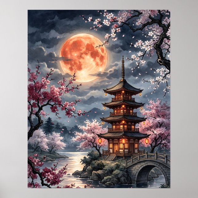 Moonlit Japanese Sakura Poster (Front)