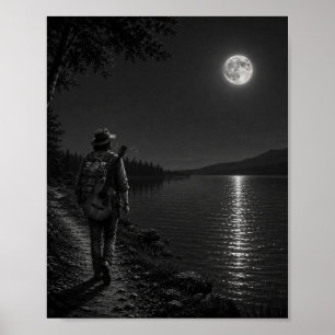 Moonlit Lakeside Wanderer Black and White Poster