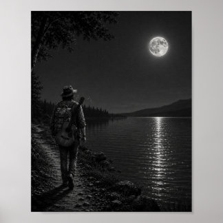 Moonlit Lakeside Wanderer Black and White Poster