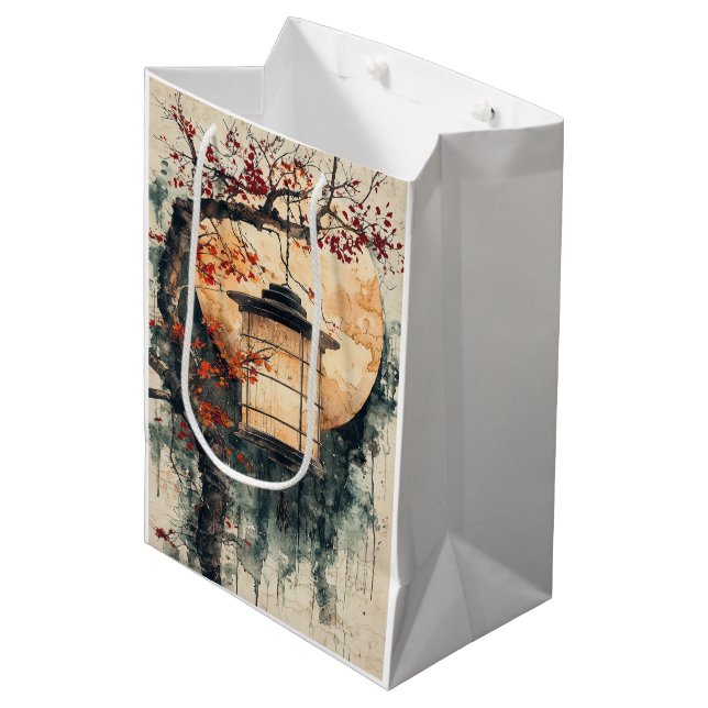 Moonlit Lantern Sumi-E Watercolor (2) Medium Gift Bag (Front Angled)