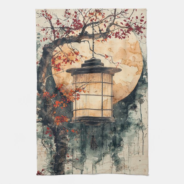 Moonlit Lantern Sumi-E Watercolor (2) Tea Towel (Vertical)