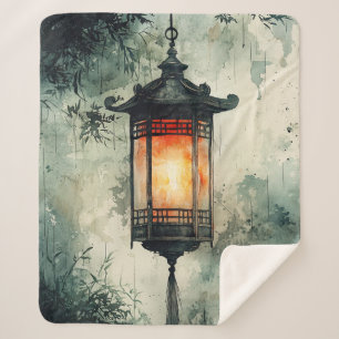 Moonlit Lantern Sumi-E Watercolor (3) Sherpa Blanket