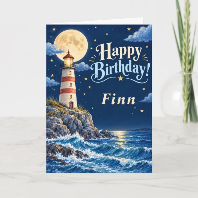 Moonlit Lighthouse Adventure 8th Birthday Card (Front)