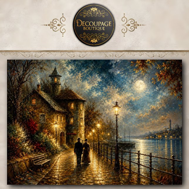 Moonlit Lighthouse Harbour Walk Decoupage Tissue Paper (Moonlit Lighthouse Harbor Walk Decoupage Tissue Paper)