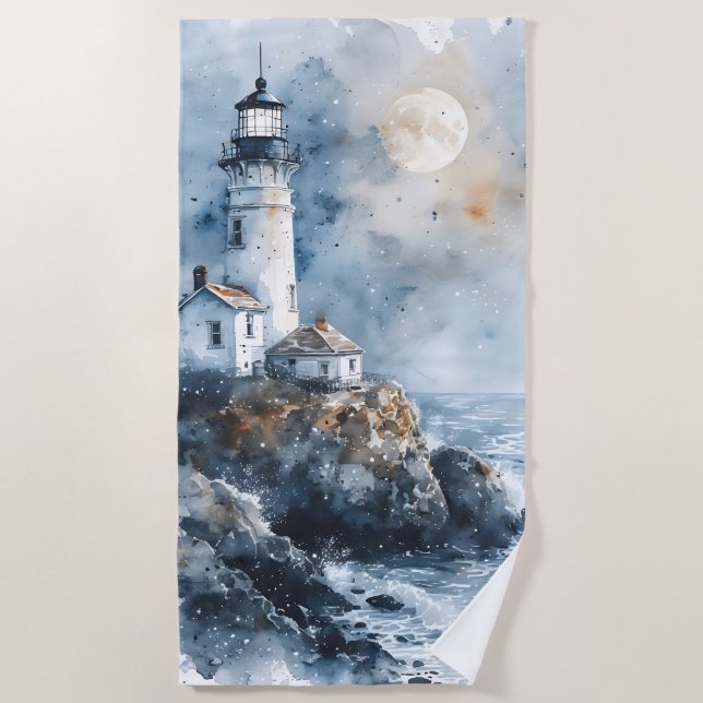 Moonlit Lighthouse on Rocky Coastline Beach Towel (Front)